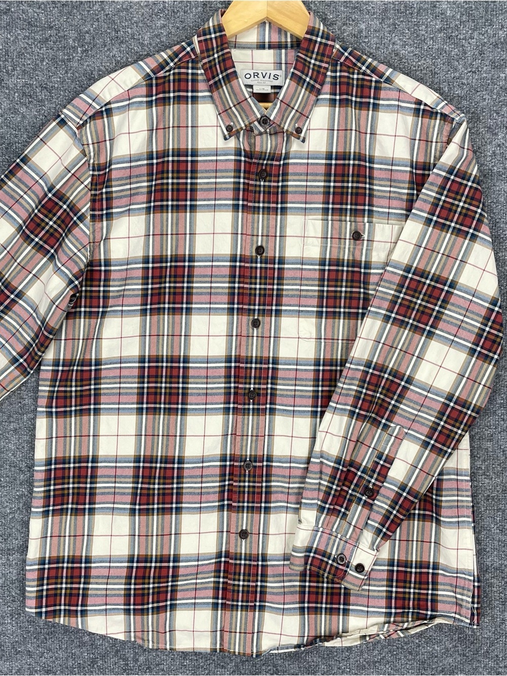 Orvis Flannel Shirt Men’s L Plaid Red/Beige Long Sleeve Button Up 100% Cotton